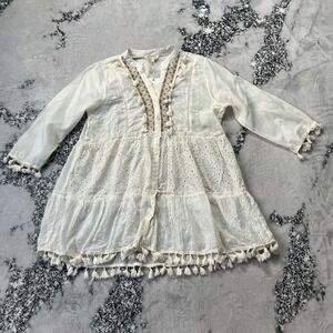 Crescent Bay Dress Womens L Eyelet Tunic embroidered trim tassels Chic Boho